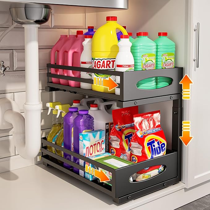 Under Sink Organizer, Pull Out Cabinet Organizers, Slide Sink Steel Shelf Cabinet Storage Shelves, Under Sink Storage for Kitchen Bathroom Cabinet