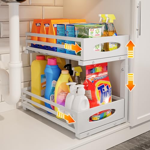 Under Sink Organizer, Pull Out Cabinet Organizers, Slide Sink Steel Shelf Cabinet Storage Shelves, Under Sink Storage for Kitchen Bathroom Cabinet