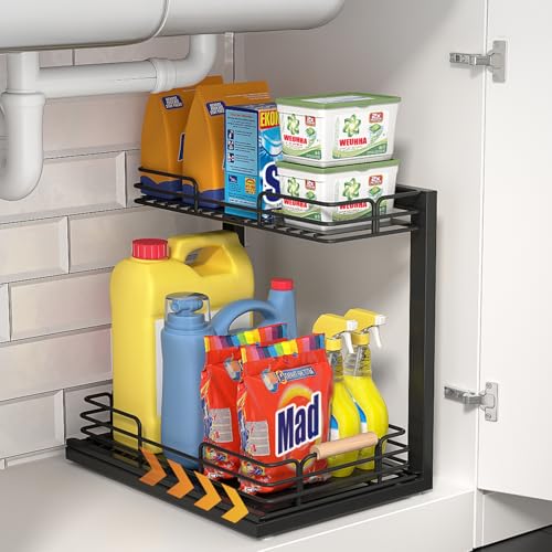 Under Sink Organizers, 2 Tier Under Sink Organizers and Storage, Under Sink Storage Shelves Metal Sliding Drawer for Kitchen Pantry Cabinet Closet, Black 2 Pack