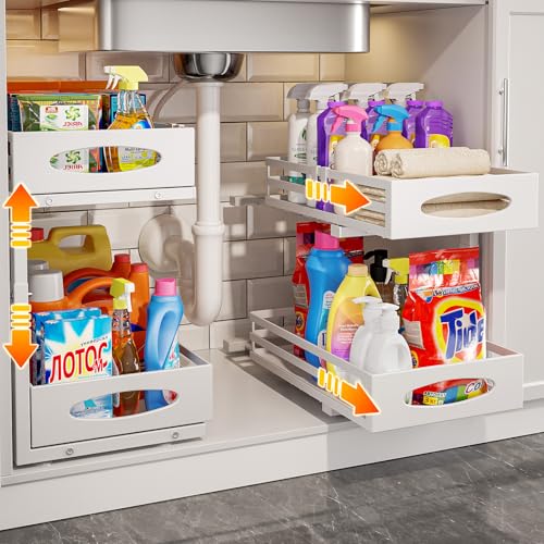 Under Sink Organizer, Pull Out Cabinet Organizers, Slide Sink Steel Shelf Cabinet Storage Shelves, Under Sink Storage for Kitchen Bathroom Cabinet