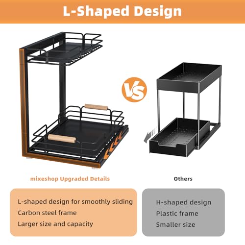 Under Sink Organizers, 2 Tier Under Sink Organizers and Storage, Under Sink Storage Shelves Metal Sliding Drawer for Kitchen Pantry Cabinet Closet, Black 2 Pack