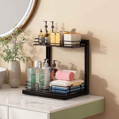 Under Sink Organizers, 2 Tier Under Sink Organizers and Storage, Under Sink Storage Shelves Metal Sliding Drawer for Kitchen Pantry Cabinet Closet, Black 2 Pack