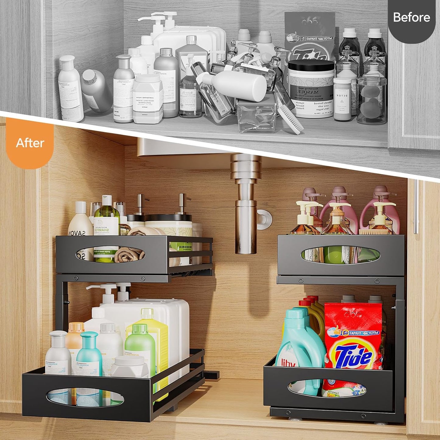 Under Sink Organizer, Pull Out Cabinet Organizers, Slide Sink Steel Shelf Cabinet Storage Shelves, Under Sink Storage for Kitchen Bathroom Cabinet