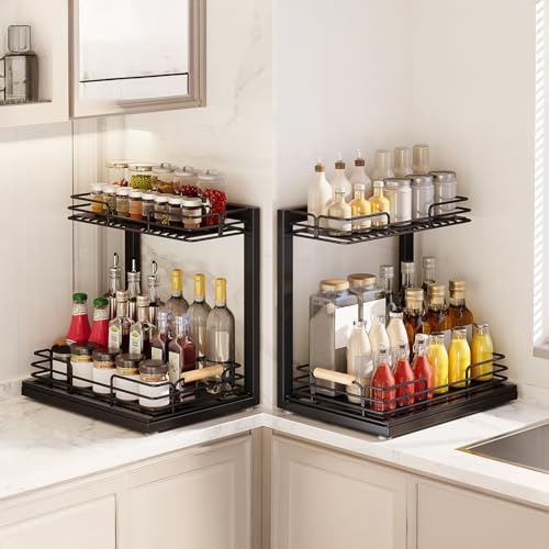 Under Sink Organizers, 2 Tier Under Sink Organizers and Storage, Under Sink Storage Shelves Metal Sliding Drawer for Kitchen Pantry Cabinet Closet, Black 2 Pack