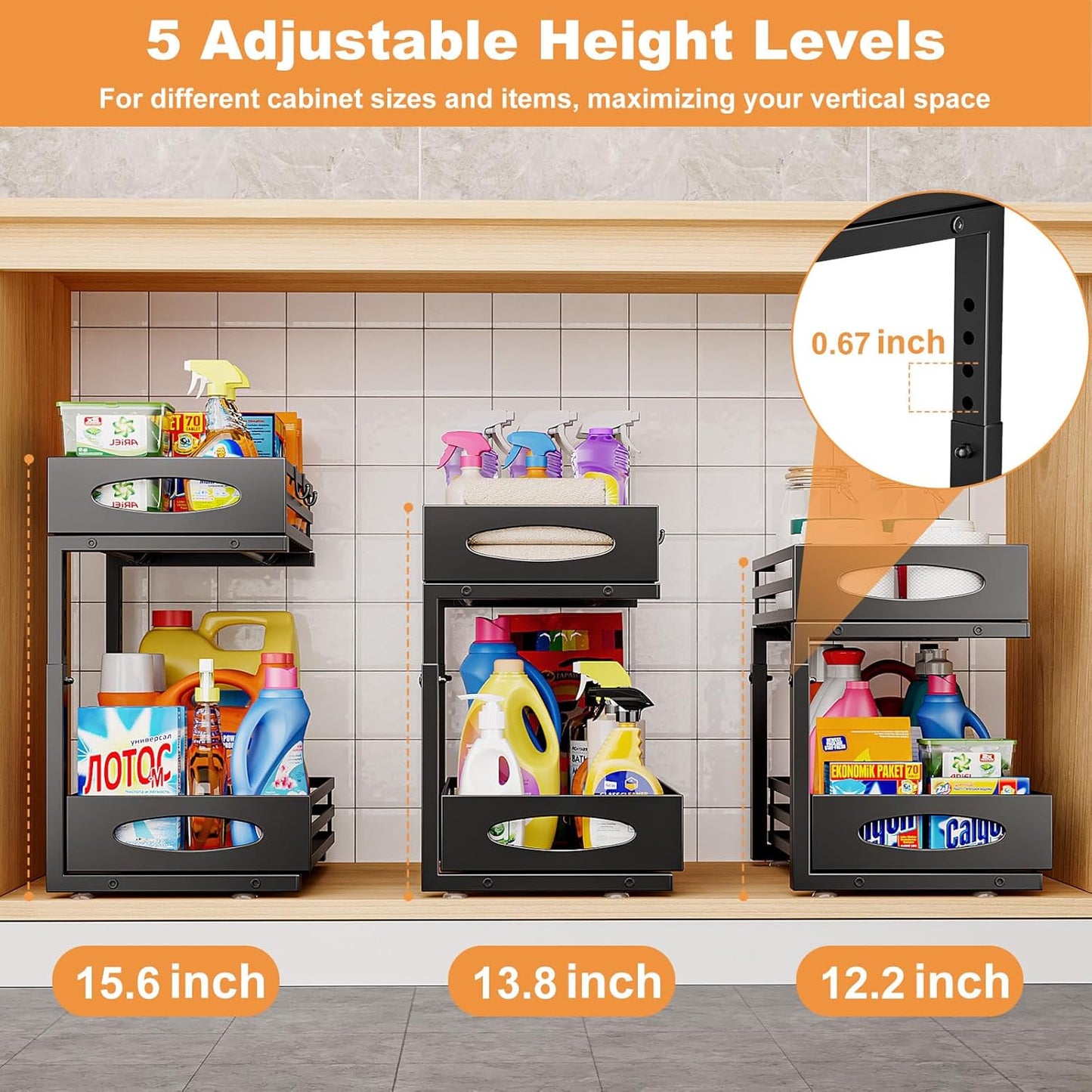 Under Sink Organizer, Pull Out Cabinet Organizers, Slide Sink Steel Shelf Cabinet Storage Shelves, Under Sink Storage for Kitchen Bathroom Cabinet