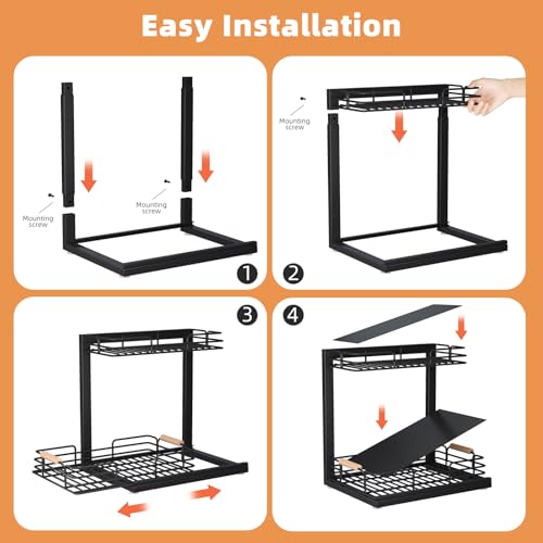 Under Sink Organizers, 2 Tier Under Sink Organizers and Storage, Under Sink Storage Shelves Metal Sliding Drawer for Kitchen Pantry Cabinet Closet, Black 2 Pack