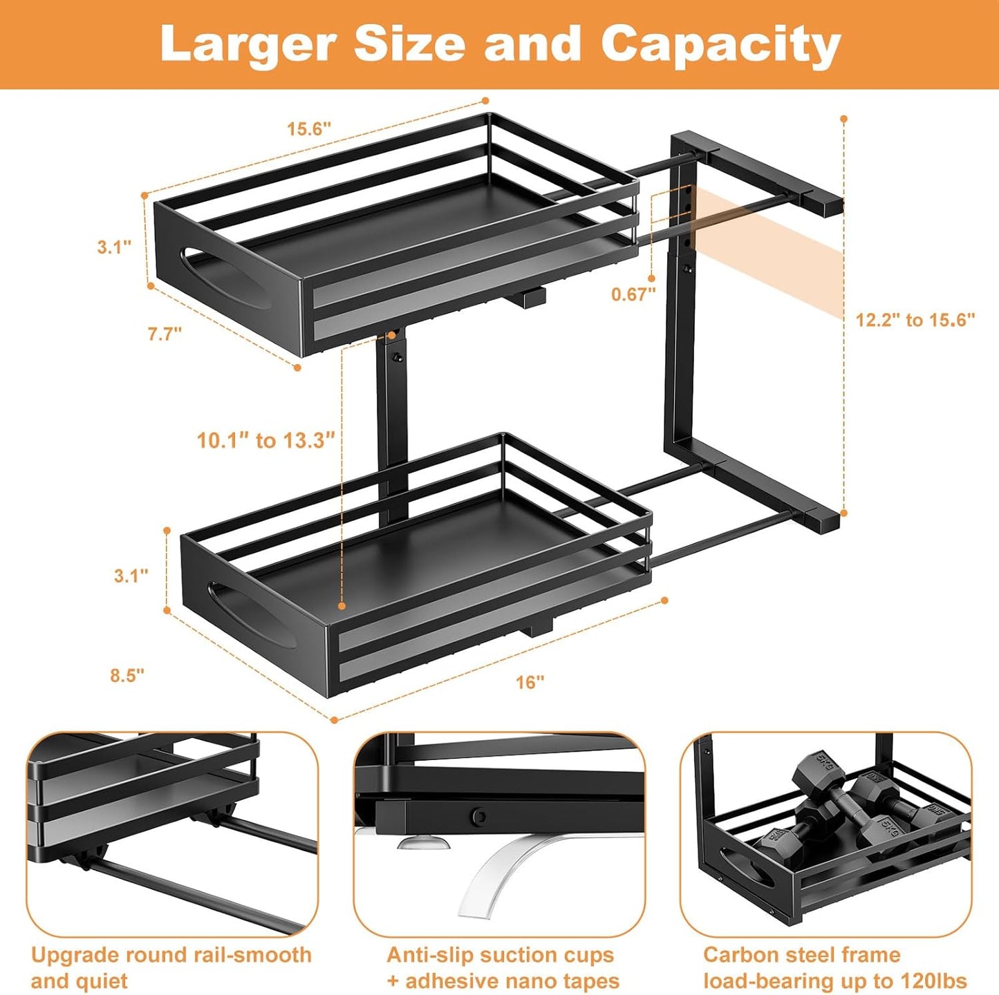 Under Sink Organizer, Pull Out Cabinet Organizers, Slide Sink Steel Shelf Cabinet Storage Shelves, Under Sink Storage for Kitchen Bathroom Cabinet