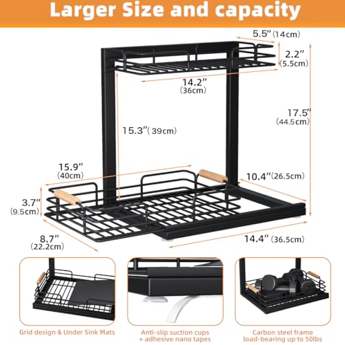 Under Sink Organizers, 2 Tier Under Sink Organizers and Storage, Under Sink Storage Shelves Metal Sliding Drawer for Kitchen Pantry Cabinet Closet, Black 2 Pack
