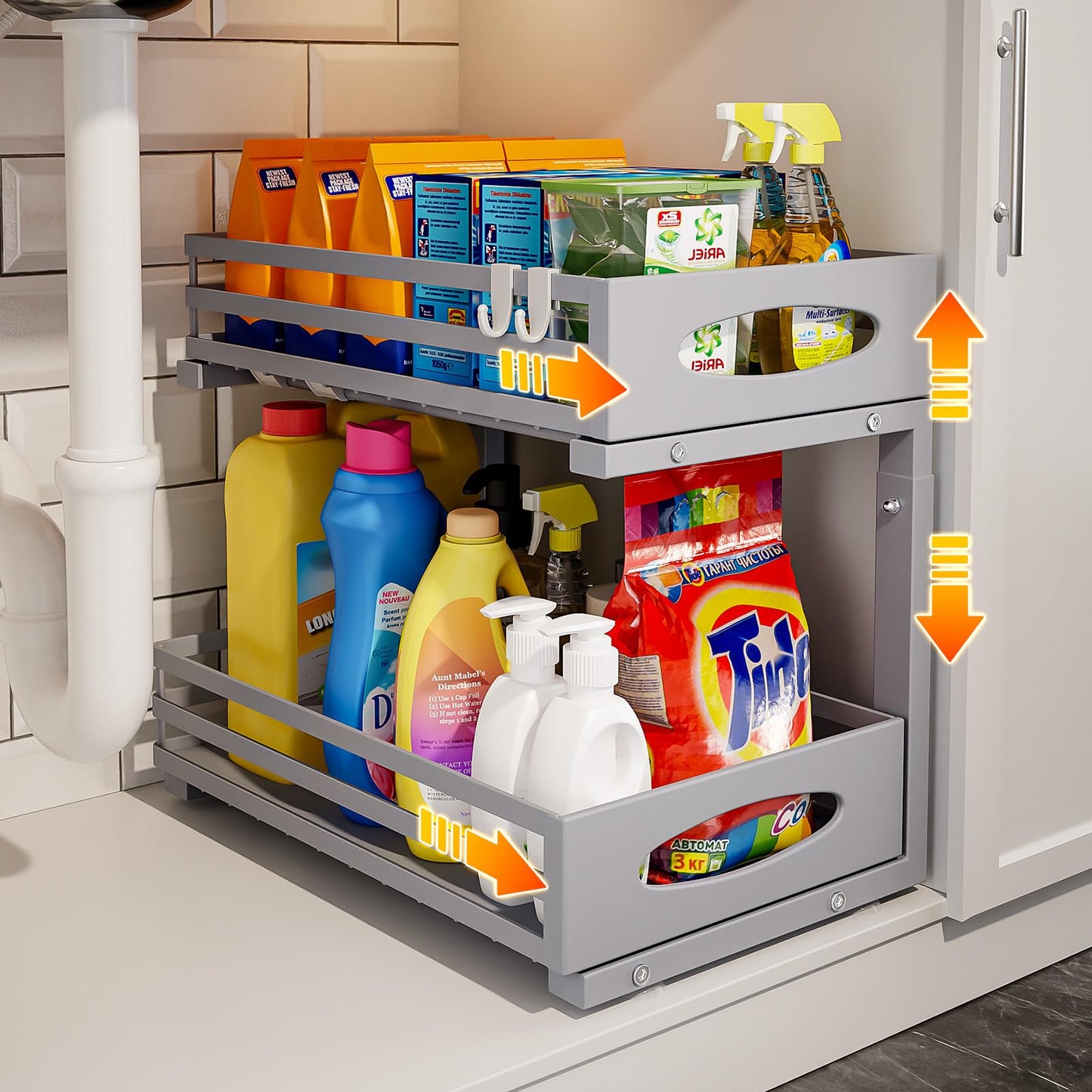 mixeshop Under Sink Organizers and Storage, Pull Out Kitchen Cabinet Organizer, 2 Tier Slide Out Steel Under Sink Storage Shelf for Kitchen Pantry Bathroom