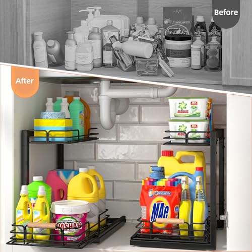 Under Sink Organizers, 2 Tier Under Sink Organizers and Storage, Under Sink Storage Shelves Metal Sliding Drawer for Kitchen Pantry Cabinet Closet, Black 2 Pack