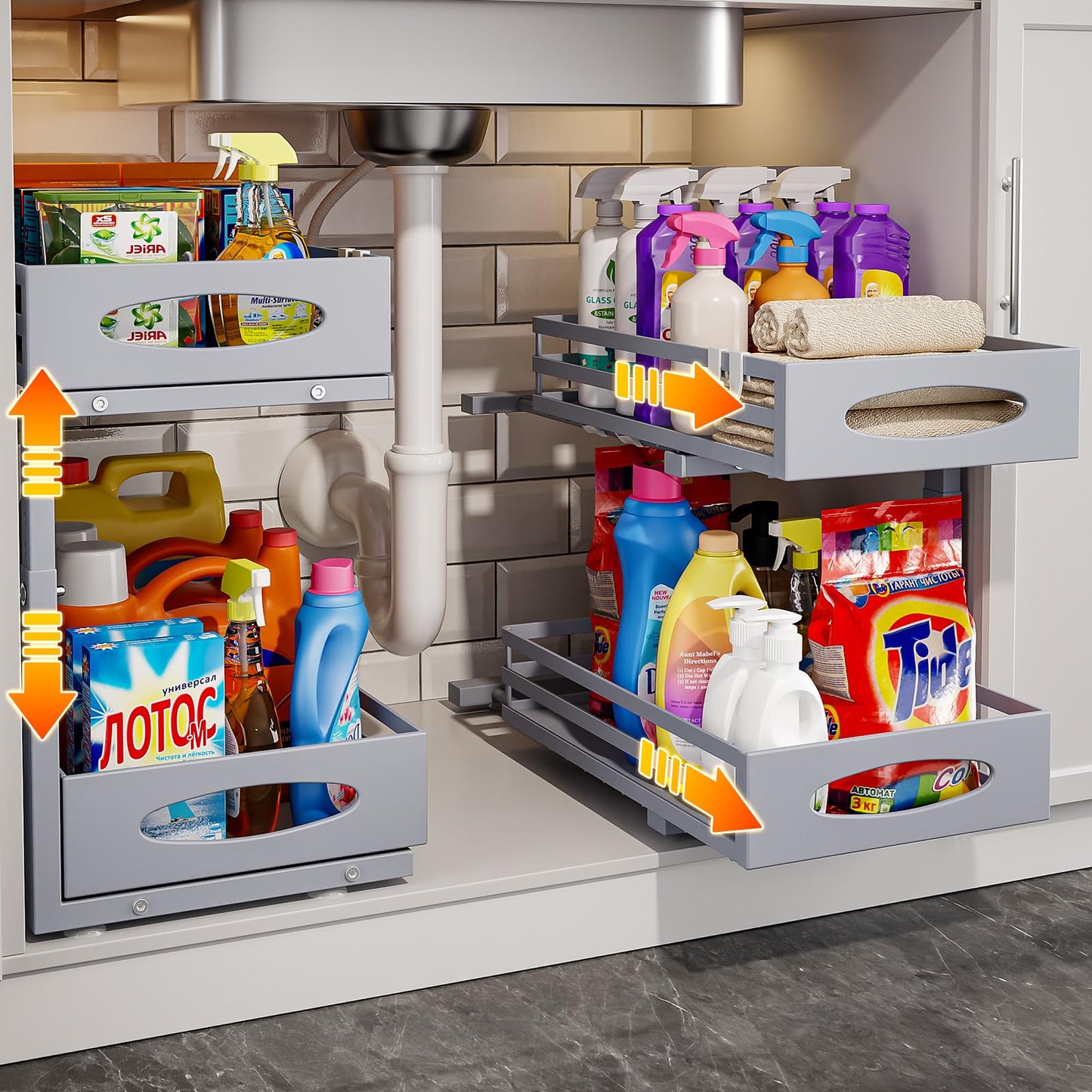 Under Sink Organizer, Pull Out Cabinet Organizers, Slide Sink Steel Shelf Cabinet Storage Shelves, Under Sink Storage for Kitchen Bathroom Cabinet