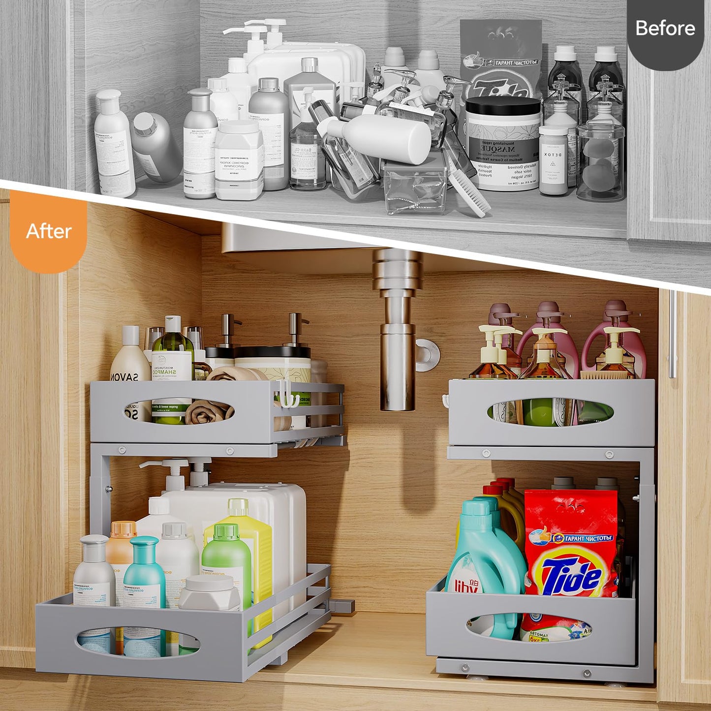 mixeshop Under Sink Organizers and Storage, Pull Out Kitchen Cabinet Organizer, 2 Tier Slide Out Steel Under Sink Storage Shelf for Kitchen Pantry Bathroom