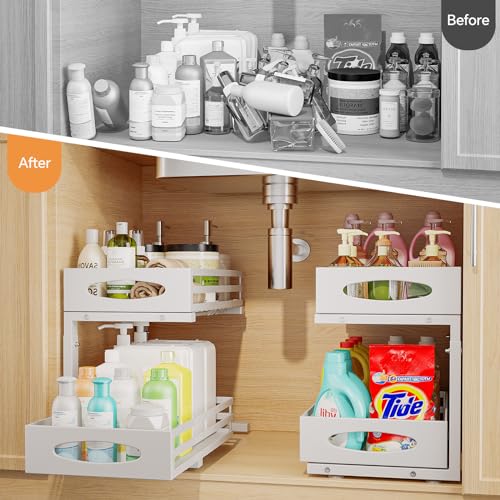 Under Sink Organizer, Pull Out Cabinet Organizers, Slide Sink Steel Shelf Cabinet Storage Shelves, Under Sink Storage for Kitchen Bathroom Cabinet