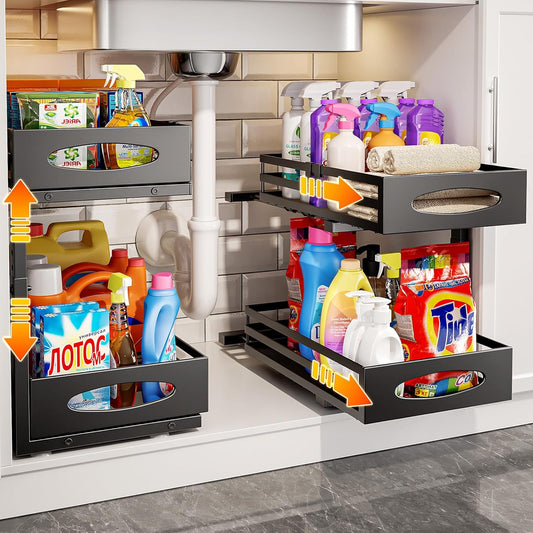 Under Sink Organizer, Pull Out Cabinet Organizers, Slide Sink Steel Shelf Cabinet Storage Shelves, Under Sink Storage for Kitchen Bathroom Cabinet