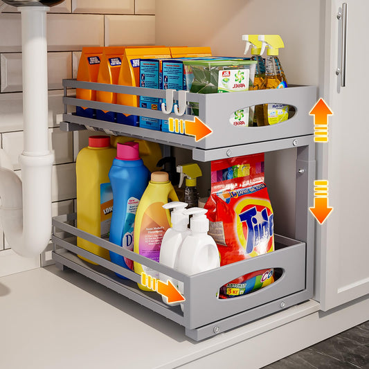 mixeshop Under Sink Organizers and Storage, Pull Out Kitchen Cabinet Organizer, 2 Tier Slide Out Steel Under Sink Storage Shelf for Kitchen Pantry Bathroom