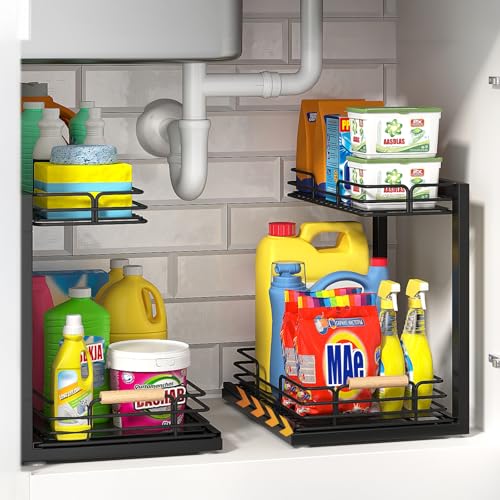 Under Sink Organizers, 2 Tier Under Sink Organizers and Storage, Under Sink Storage Shelves Metal Sliding Drawer for Kitchen Pantry Cabinet Closet, Black 2 Pack